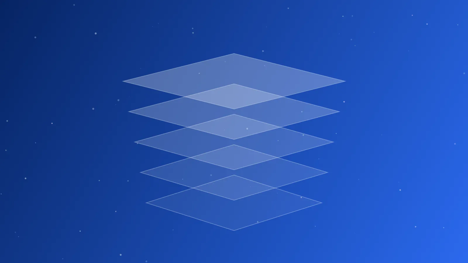 Five translucent stacked layers floating over a bright blue background dotted with small lights.