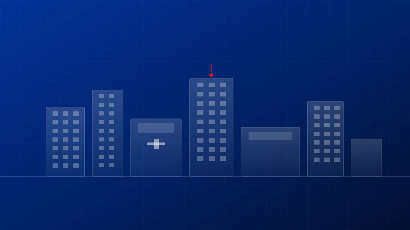 A skyline of translucent office buildings with lit windows on a navy grid, one with a medical cross, and a red point on the tallest tower.
