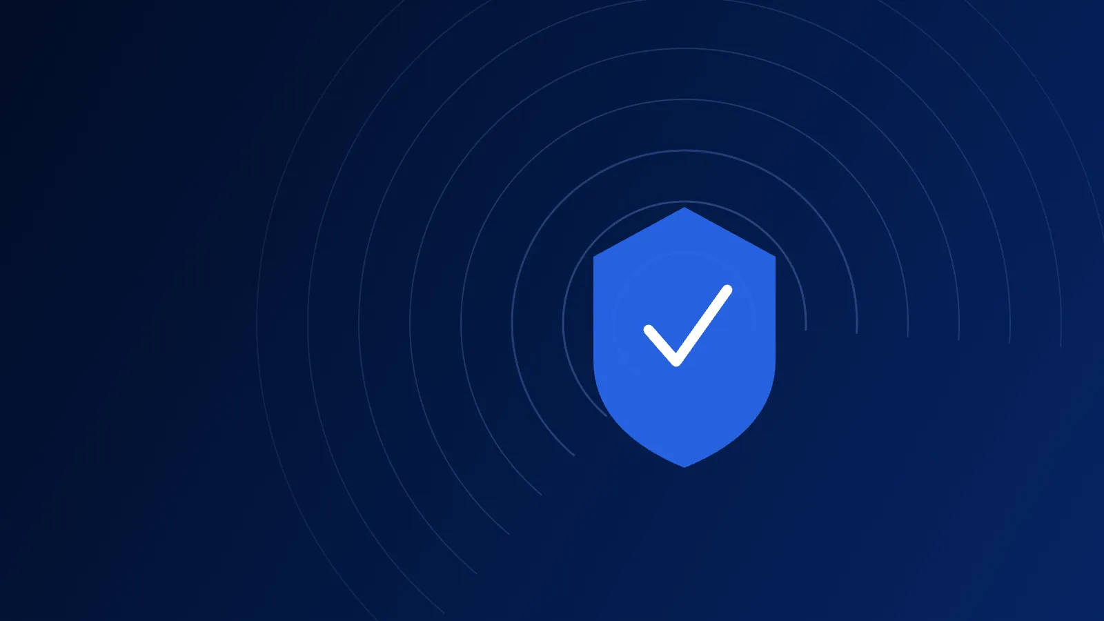 A blue shield with a white check mark inside concentric rings on a dark navy background.