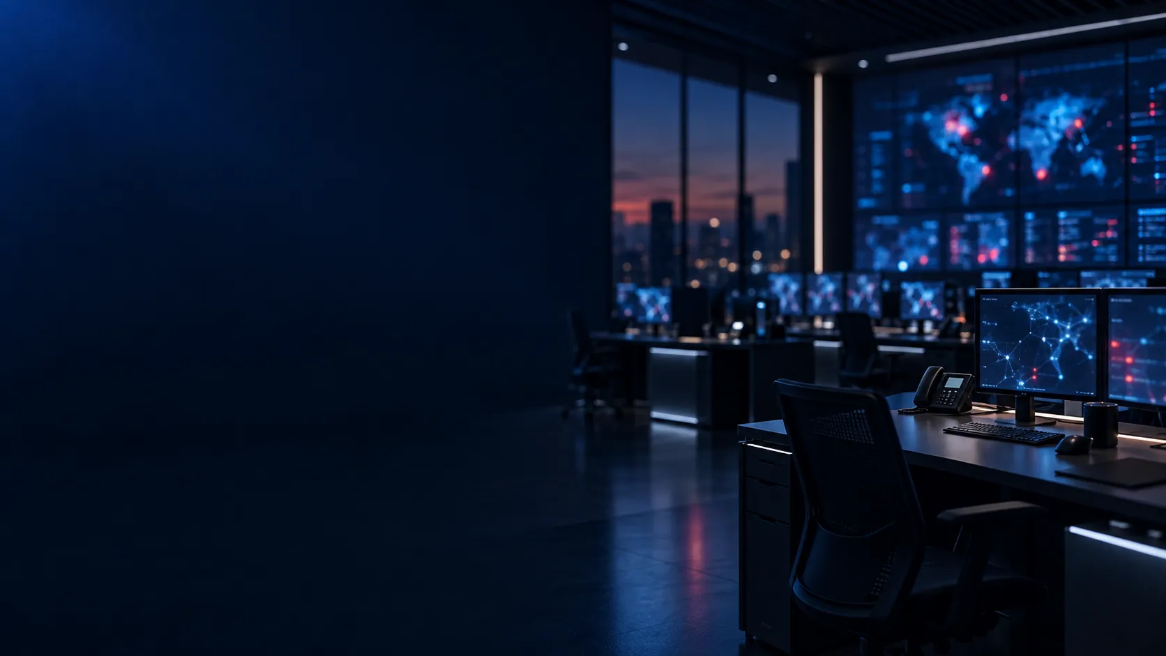 A dark network operations room at dusk: rows of desks with monitors showing network maps, a wall of screens with a world map, and a city skyline through the windows.